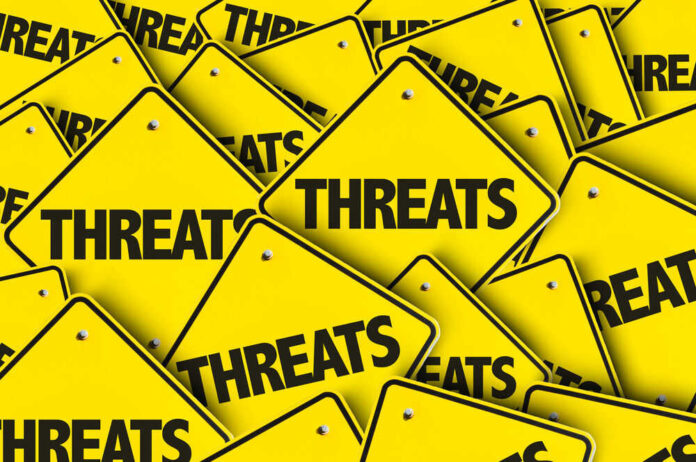 shutterstock_489638770.jpg Yellow signs with the word threats overlapping