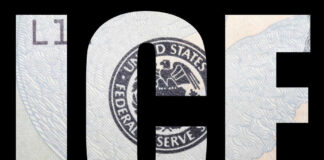 The word ICE over a dollar bill background
