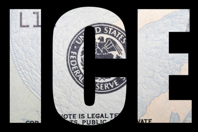 The word ICE over a dollar bill background