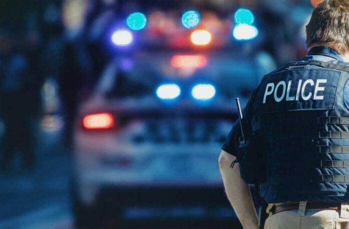 Police officer stands near patrol car with lights flashing.