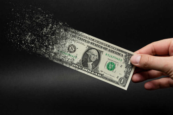shutterstock_1976918936.jpg Dollar bill disintegrating while held by hand.