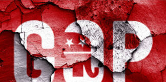 GOP logo with a cracked red background.