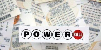 A collection of Powerball lottery tickets with the Powerball logo in the foreground