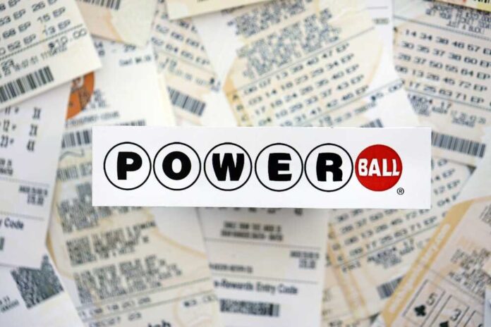 A collection of Powerball lottery tickets with the Powerball logo in the foreground