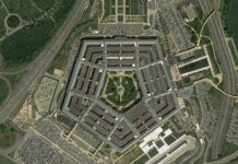 Aerial view of the Pentagon building surrounded by roads and parking lots
