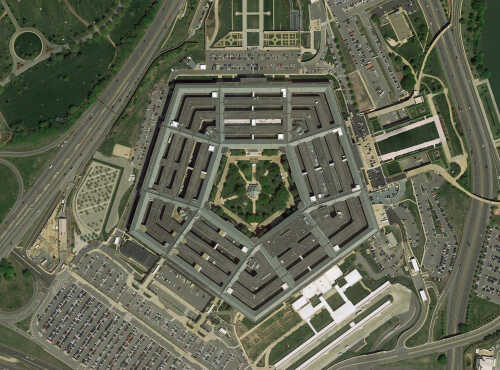 Aerial view of the Pentagon building surrounded by roads and parking lots