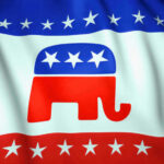 Republican Party elephant logo on American flag background.