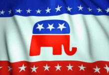 Republican Party elephant logo on American flag background.