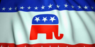 Republican Party elephant logo on American flag background.