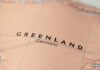 Close-up of a map showing Greenland labeled as Denmark