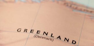 Close-up of a map showing Greenland labeled as Denmark