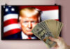 Trump’s $400M Ballroom CRUSHES Record Opposition Hand holding cash in front of American flag background with Donald Trumps face