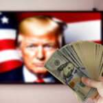 Trump’s $400M Ballroom CRUSHES Record Opposition Hand holding cash in front of American flag background with Donald Trumps face