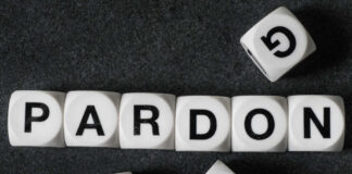 White letter blocks spelling 'PARDON' on a black surface