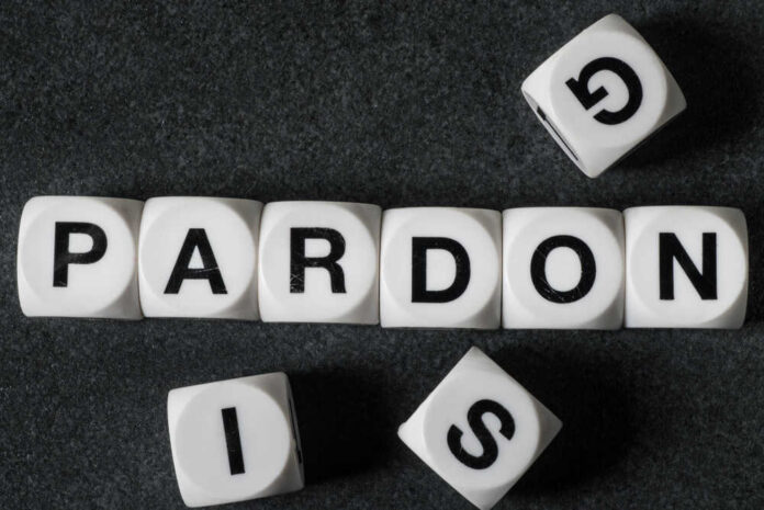 White letter blocks spelling 'PARDON' on a black surface