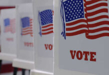 Voting booths with American flags and VOTE signs.