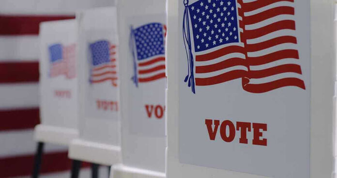 Voting booths with American flags and VOTE signs.