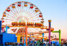 Colorful amusement park scene featuring a ferris wheel and roller coaster at sunset
