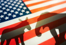 Donkey and elephant silhouettes on American flag background.