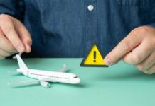 A person holding a warning sign next to a model airplane