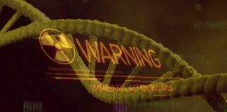 Digital representation of a DNA strand with a warning message