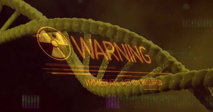 Digital representation of a DNA strand with a warning message