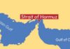 Map highlighting the Strait of Hormuz between the Persian Gulf and Gulf of Oman