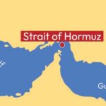 Map highlighting the Strait of Hormuz between the Persian Gulf and Gulf of Oman