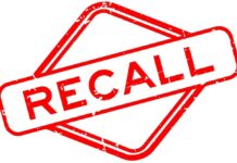 Red stamp with the word 'RECALL' inside a diamond shape