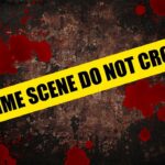 Yellow caution tape reading 'CRIME SCENE DO NOT CROSS' over a dark, blood-splattered background