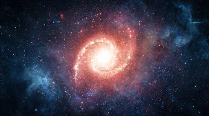 A vibrant galaxy surrounded by stars and cosmic clouds
