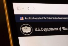 Close-up of a government website displaying the U.S. Department of War