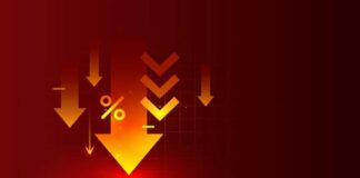 Graphic representation of downward arrows and a percentage symbol on a red background