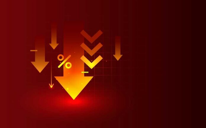 Graphic representation of downward arrows and a percentage symbol on a red background