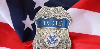 ICE officer badge placed on an American flag