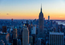 Empire State Building at sunset over Manhattan skyline